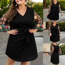 Fashion Embroidered Gauze Spliced Long Sleeve V-neck Plus-size Dress