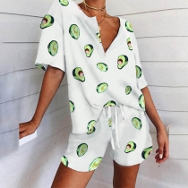 Fashion Avocado Printed Short Sleeve V-neck Top + Shorts Two-piece Set