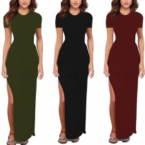 Sexy Slit Hem Short Sleeve Round Neck Slim Fit Dress