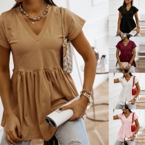 Fashion Solid Color Short Sleeve V-neck Top