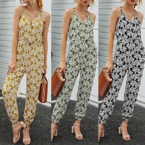 Sexy Backless V-neck Printed Sling Jumpsuit