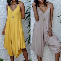 Sexy Backless V-neck Irregular Hem Wide-leg Sling Romper