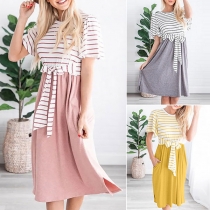 Fashion Striped Spliced Short Sleeve Round Neck Lace-up Dress