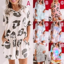 Fashion Short Sleeve V-neck Printed T-shirt + Shorts Nightwear Set