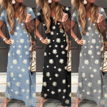 Fashion Short Sleeve V-neck Daisy Printed Dress