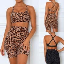 Sexy Leopard Printed Sports Bra + Shorts Two-piece Set