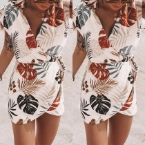 Fashion Cap Sleeve V-neck Irregular Hem Printed Dress