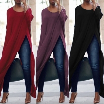 Chic Style Long Sleeve Round Neck Slit Hem Long-style Top