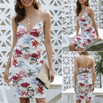 Sexy Backless V-neck Slim Fit Printed Sling Dress