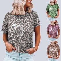 Chic Style Lip Pattern Short Sleeve Leopard Printed T-shirt