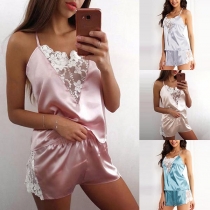 Sexy Backless Lace Spliced Sling Top + Shorts Nightwear Set