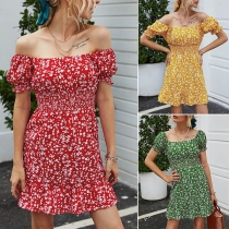 Sweet Style Short Sleeve Square Collar Printed Dress