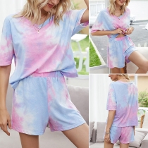 Fashion Tie-dye Printed Short Sleeve V-neck T-shirt + Shorts Two-piece Set