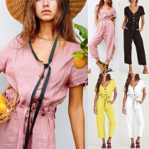 Fashion Solid Color Short Sleeve V-neck Front-button Jumpsuit