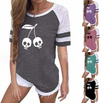 Fashion Contrast Color Skull Head Printed Short Sleeve T-shirt