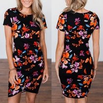 Fashion Short Sleeve Round Neck Irregular Hem Slim Fit Printed Dress