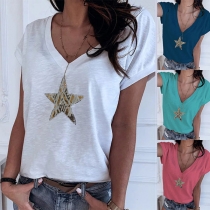 Fashion Sequin Star kortärmad T-shirt med V-ringad