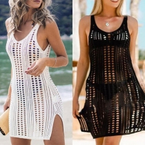 Sexy Sleeveless V-neck Slit Hem Hollow Out Smock Dress
