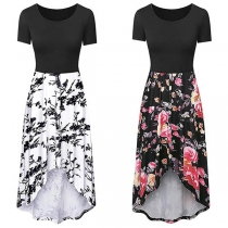 Fashion Printed Spliced High-low Hem Short Sleeve Breastfeeding Dress