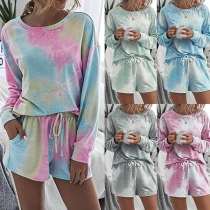 Fashion Tie-dye Printed Long Sleeve Top + Shorts Two-piece Set