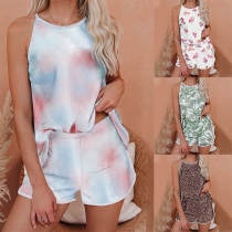 Fashion Tie-dye/Leopard Printed Sling Top + Shorts Nightwear Set