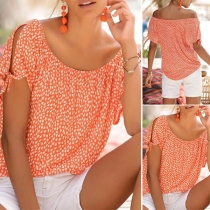 Fashion Slit Short Sleeve Boat Neck Printed Top
