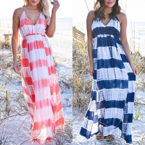 Sexy Backless V-neck High Waist Sling Striped Dress