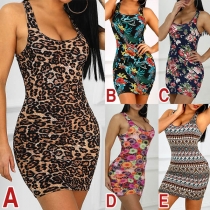 Fashion Sleeveless Round Neck Slim Fit Printed Dress