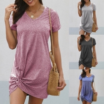 Fashion Solid Color Short Sleeve V-neck Tasted Hem Dress