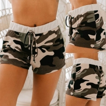Fashion Drawstring Waist Camouflage Printed Sports Shorts
