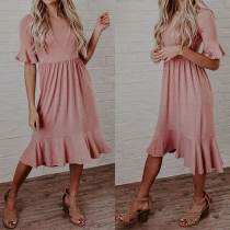 Sweet Style Trumpet Sleeve Ruffle Hem Solid Color Dress