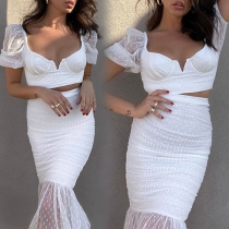 Sexy Gauze Spliced Puff Sleeve Crop Top + Fishtail Hem Skirt Two-piece Set