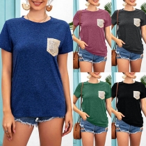 Fashion Short Sleeve Round Neck Sequin Spliced T-shirt