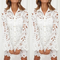 Sexy Long Sleeve POLO Collar Hollow Out Shirt Dress