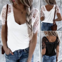 Sexy Lace Spliced Short Sleeve V-neck T-shirt