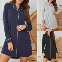 Fashion Long Sleeve Notched Lapel Single-breasted Nightwear Dress