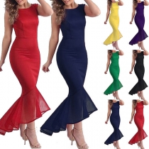 Elegant ärmlös enfärgad rundhalsad Festklänning med Fishtail Hem