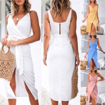 Sexy V-neck Slit Hem Solid Color Sling Dress