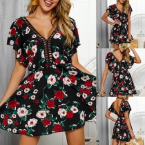 Sexy Backless V-neck Short Sleeve Printed Dress