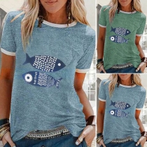 Fashion Contrast Color Short Sleeve Round Neck Fish Printed T-shirt