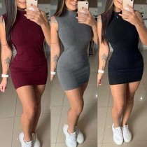 Simple Style Sleeveless Mock Neck Solid Color Slim Fit Dress