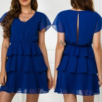 Fashion Solid Color Short Sleeve V-neck Cake Dress