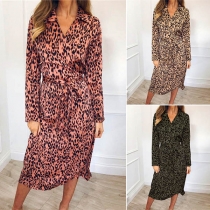 Fashion Long Sleeve V-neck Irregular Hem Leopard Printed Dress