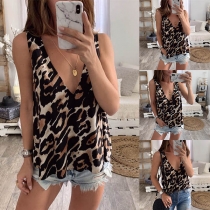Sexy Deep V-neck Sleeveless Leopard Printed Top
