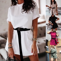 Simple Style Short Sleeve Round Neck LooseT-shirt Dress with Waistband