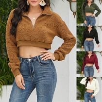 Fashion Solid Color Long Sleeve Plush Crop Top Sweatshirt