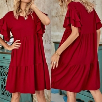 Sweet Style Lotus Sleeve Round Neck Solid Color Dress