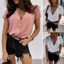 Sexy V-neck Short Sleeve Solid Color Blouse