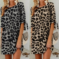 Fashion 3/4 Sleeve Round Neck Leopard Printed Dress