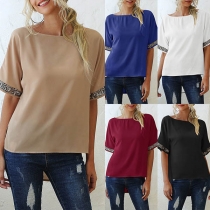 Fashion Printed Spliced Short Sleeve High-low Hem Chiffon Top